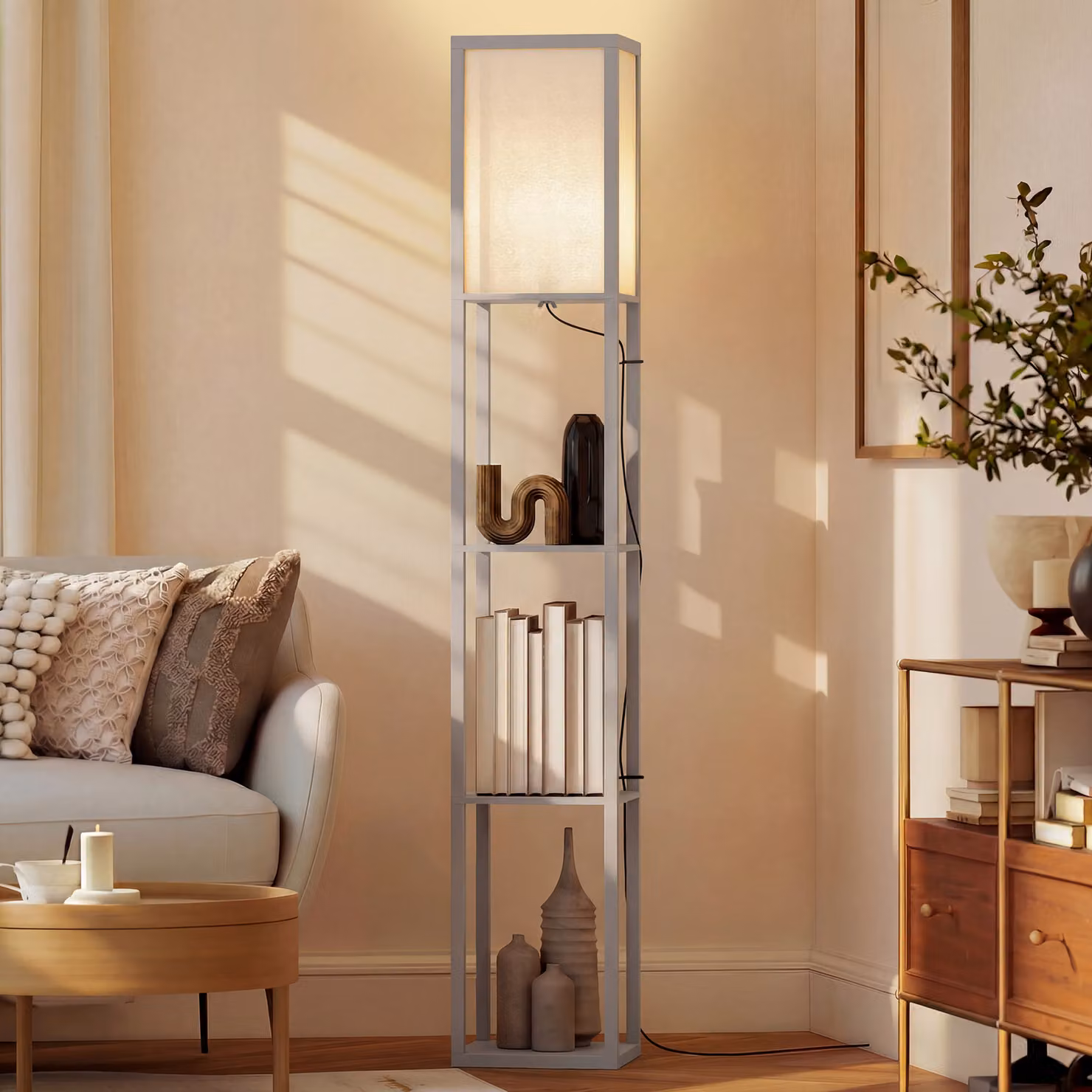 HOMCOM 3-Tier Floor Lamp with Storage Shelf in Grey, Height: 160 cm – 2