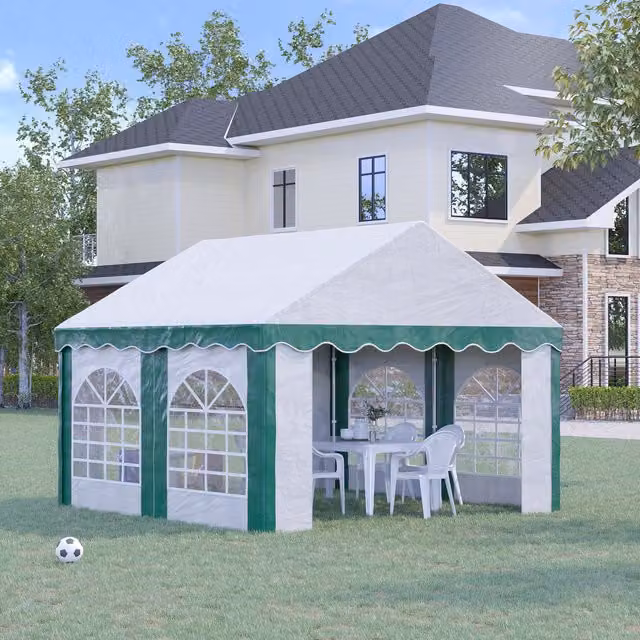 Outsunny Garden Gazebo Marquee Party Tent with Sides, White and Green, W: 395 cm