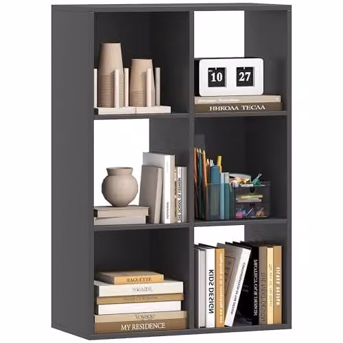 HOMCOM Modern 6-Cube Freestanding 3-Tier Bookshelf in Black, H 91.5 x W 61.5 x D 29.5 cm