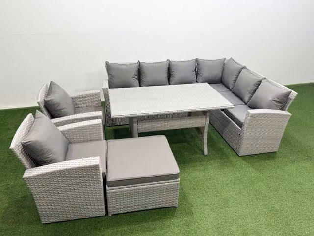 Fimous 9 Seater Rattan Garden Furniture Set with Corner Sofa and Dining Table in Light Grey