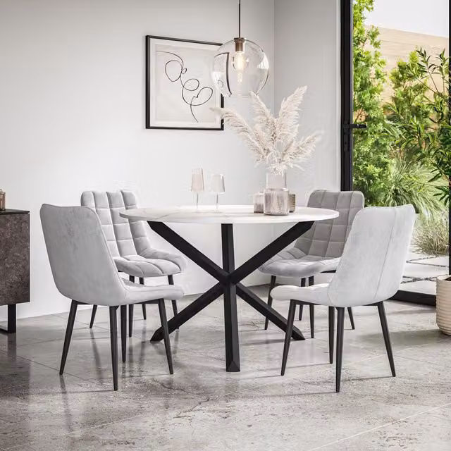 More4Homes Malvern Round Dining Table and 4 Nova Grey Velvet Chairs Set with Marble Top and Black Oak Legs, Diameter: 120 cm, Height: 75 cm