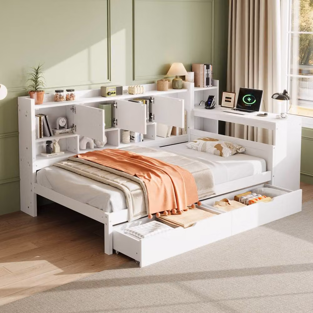 BTM Single Daybed with Storage Drawers, Bookcase and Desk in White and Gold – 3