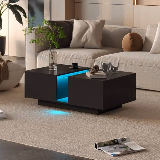 KEEPREAPER Modern Rectangular Coffee Table with Storage and Sliding Drawers in Black