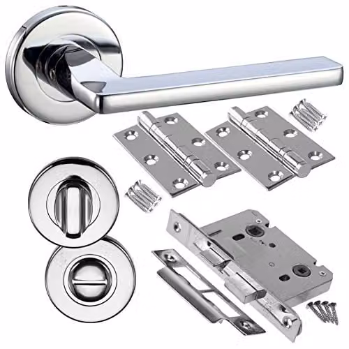 Golden Grace Leon Bathroom Door Handle Lock Set in Silver