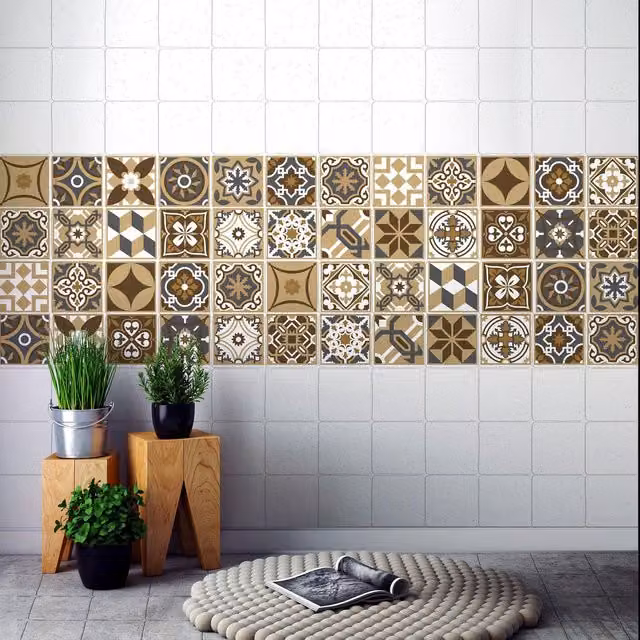 Walplus Adhesive Geometric Square Wall Tile Stickers in Brown and Beige, 10 x 10 cm, 24 Pack