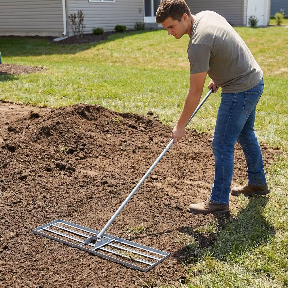 Gymax Metal Lawn Leveling Rake with Adjustable Long Handle in Silver – 6