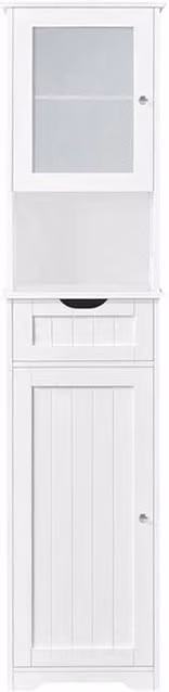 KORVIXA Freestanding White Bathroom Floor Cabinet with Glass Doors and Soft-Close Mechanism, H 170 x W 30 x D 30 cm