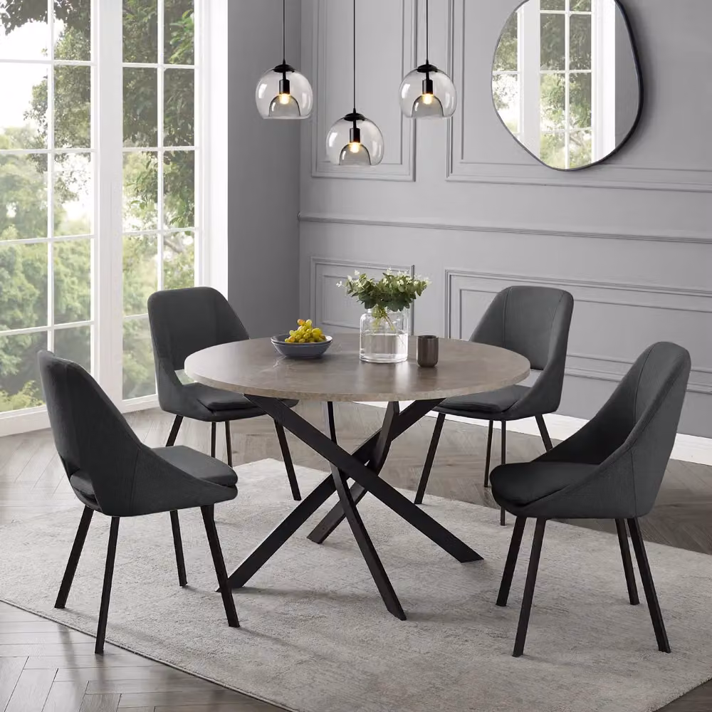 Home Detail Rico Round Concrete Effect Dining Table in Grey with Black Metal Legs, Diameter: 120 cm – 6