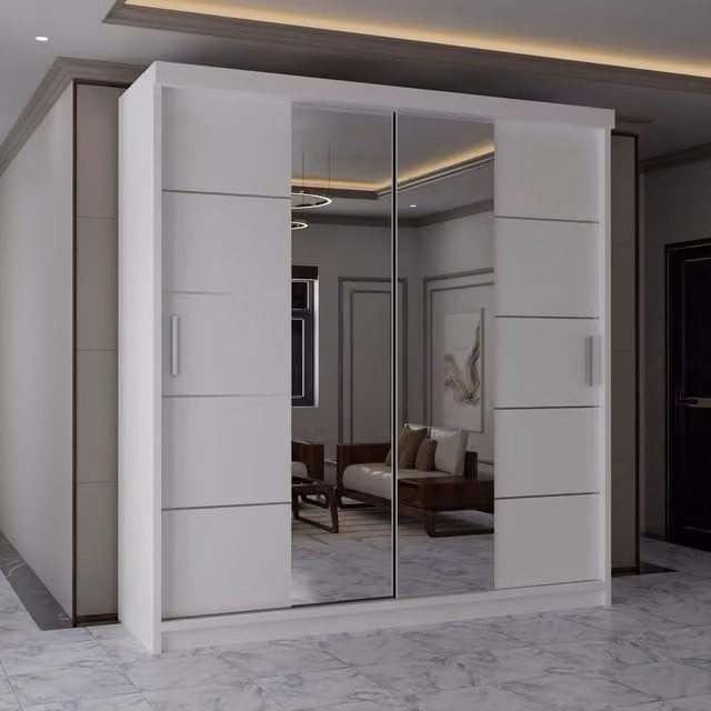MN Furniture Modern White Wardrobe with Sliding Mirror Doors and Integrated LED Lighting W/H: 150 x 217 cm – 1