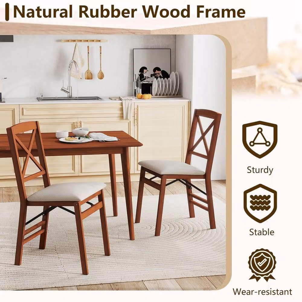 FORGEVIO Set of 2 Vintage Brown Rubberwood Folding Dining Side Chairs – 3
