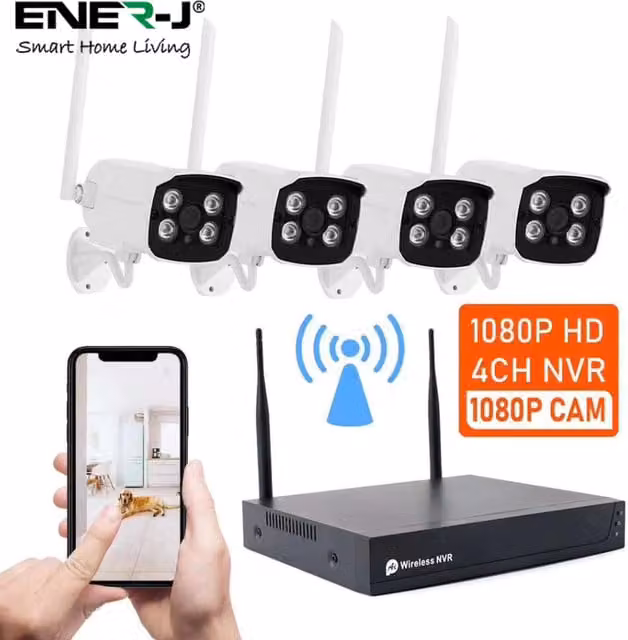 EnerJ Smart 8-Channel Wireless NVR Kit with 4 Wireless Cameras, Black