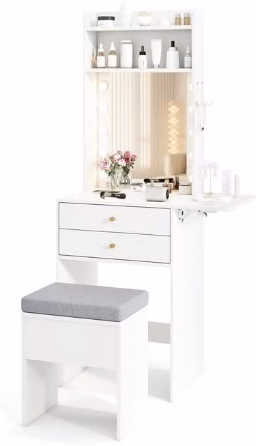 Costway Modern White Drop Leaf Makeup Vanity Desk with Hollywood LED Mirror