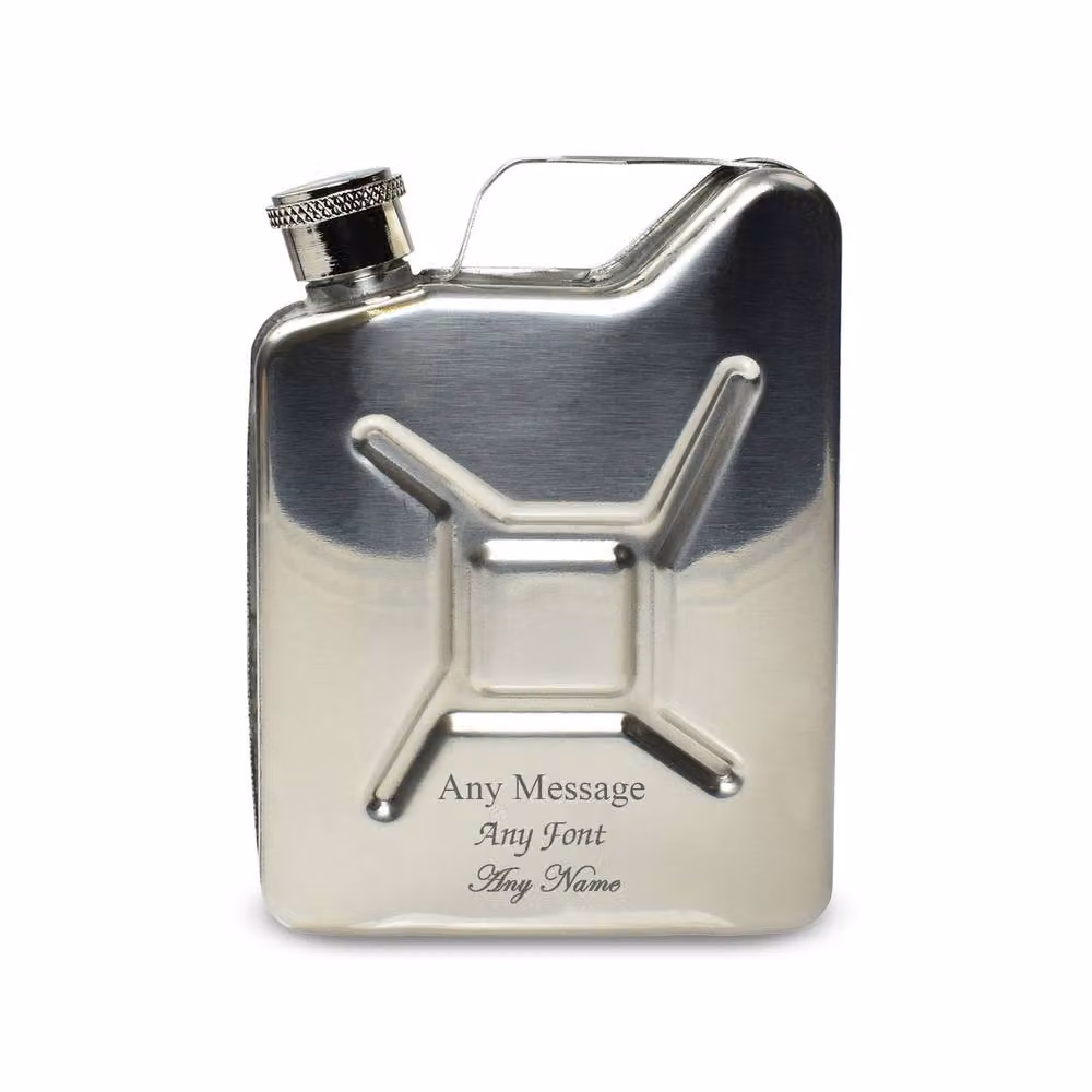 Uniqueful Personalised Engraved Silver Jerry Can Hip Flask, 100ml – 2