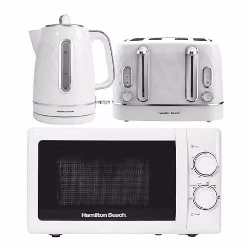Hamilton Beach Diamond Kitchen Set in White featuring 1.7L Kettle, 4 Slice Toaster and 20L 700W Microwave with Stainless Steel Cavity