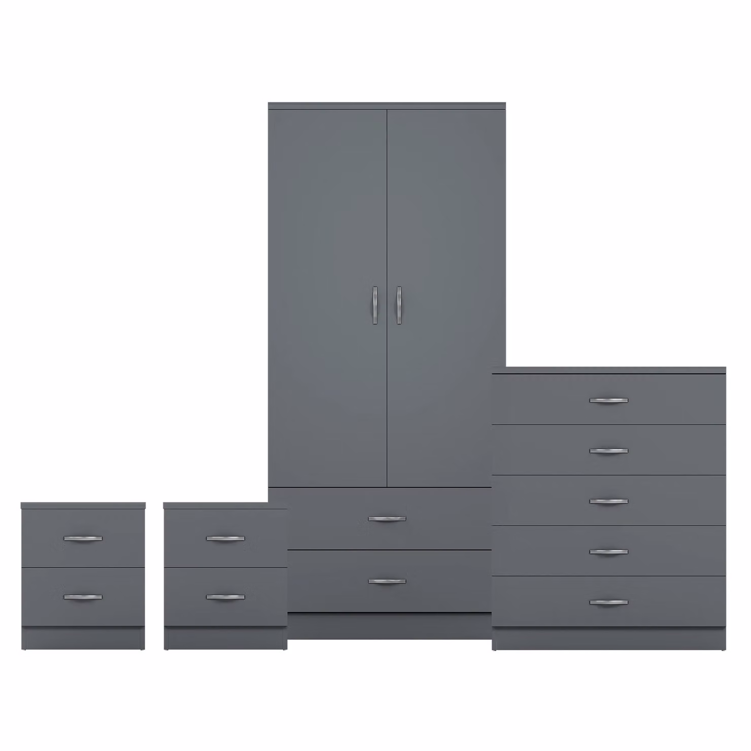 Vida Designs Riano 4 Piece Grey Bedroom Set with 2 Drawer Bedside Tables and 5 Drawer Chest – 2