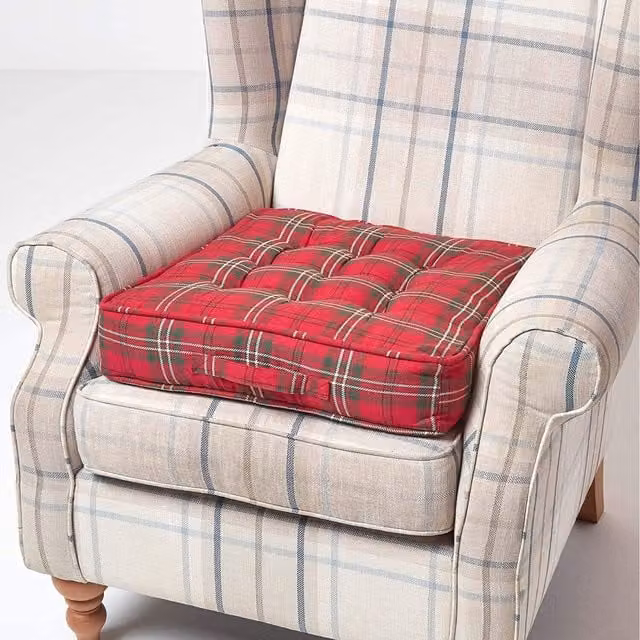 Homescapes Red and Green Tartan Cotton Armchair Booster Cushion, W/D/H: 50 x 50 x 10 cm