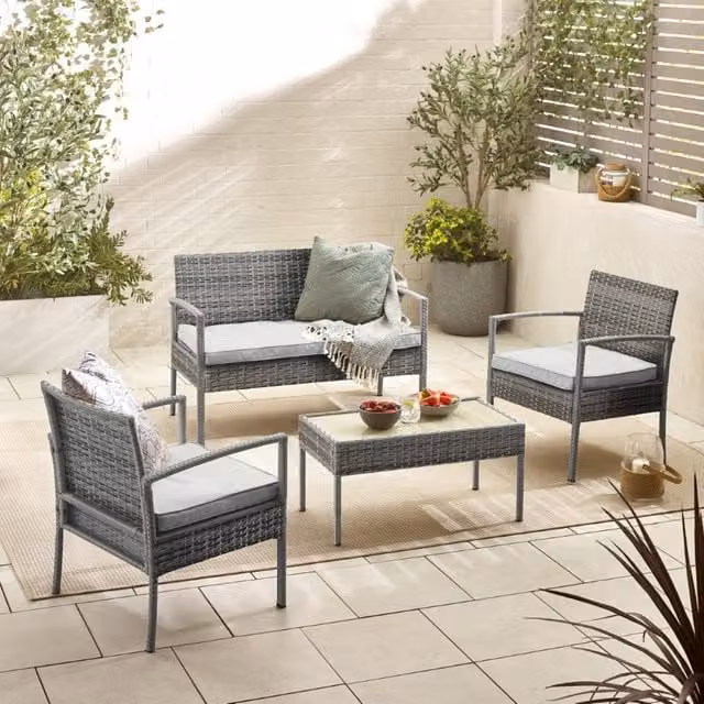 FurnitureboxUK Porto 4 Seat Grey PE Rattan Outdoor Lounge Set with 2 Seater Sofa, 2 Armchairs, Coffee Table and Cushions – 1