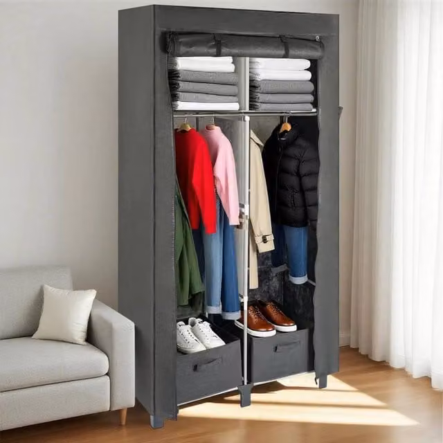 EONLION Black and Grey Portable Fabric Wardrobe Storage Organiser with Internal Shelves and Hanging Rod, Width: 100 cm