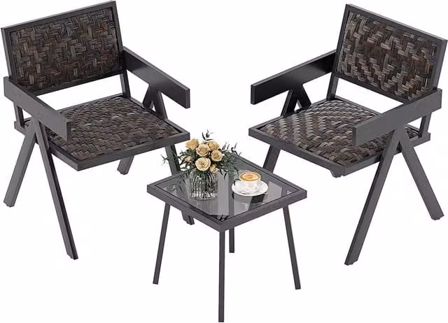 Gymax 3 Piece Brown PE Wicker Bistro Set with Table and Chairs