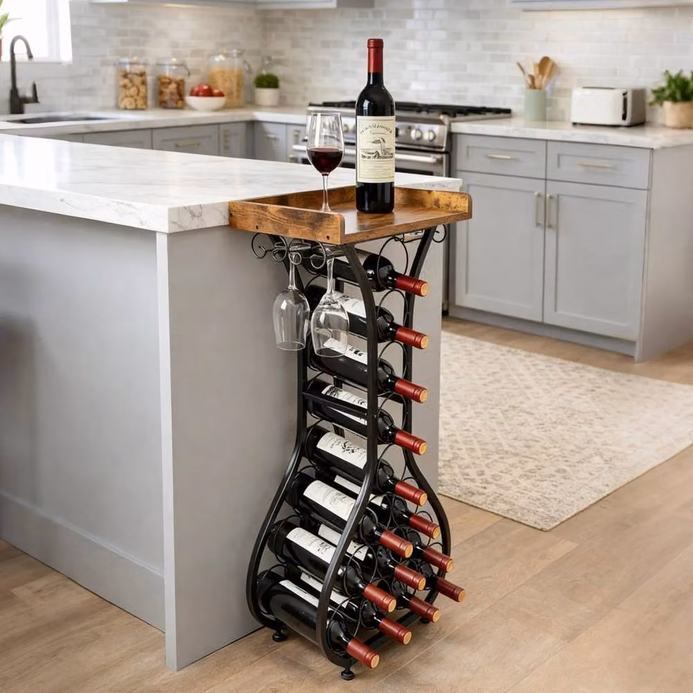 NESTLUNE Freestanding Wooden and Metal Wine Rack in Black and Brown, W: 100 cm, D: 15 cm, H: 15 cm – 3