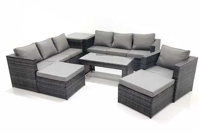 Fimous 9 Seater Rattan Garden Furniture Set in Dark Grey with 3 Seater Sofa, Coffee Table, 2 Footstools and Side Table