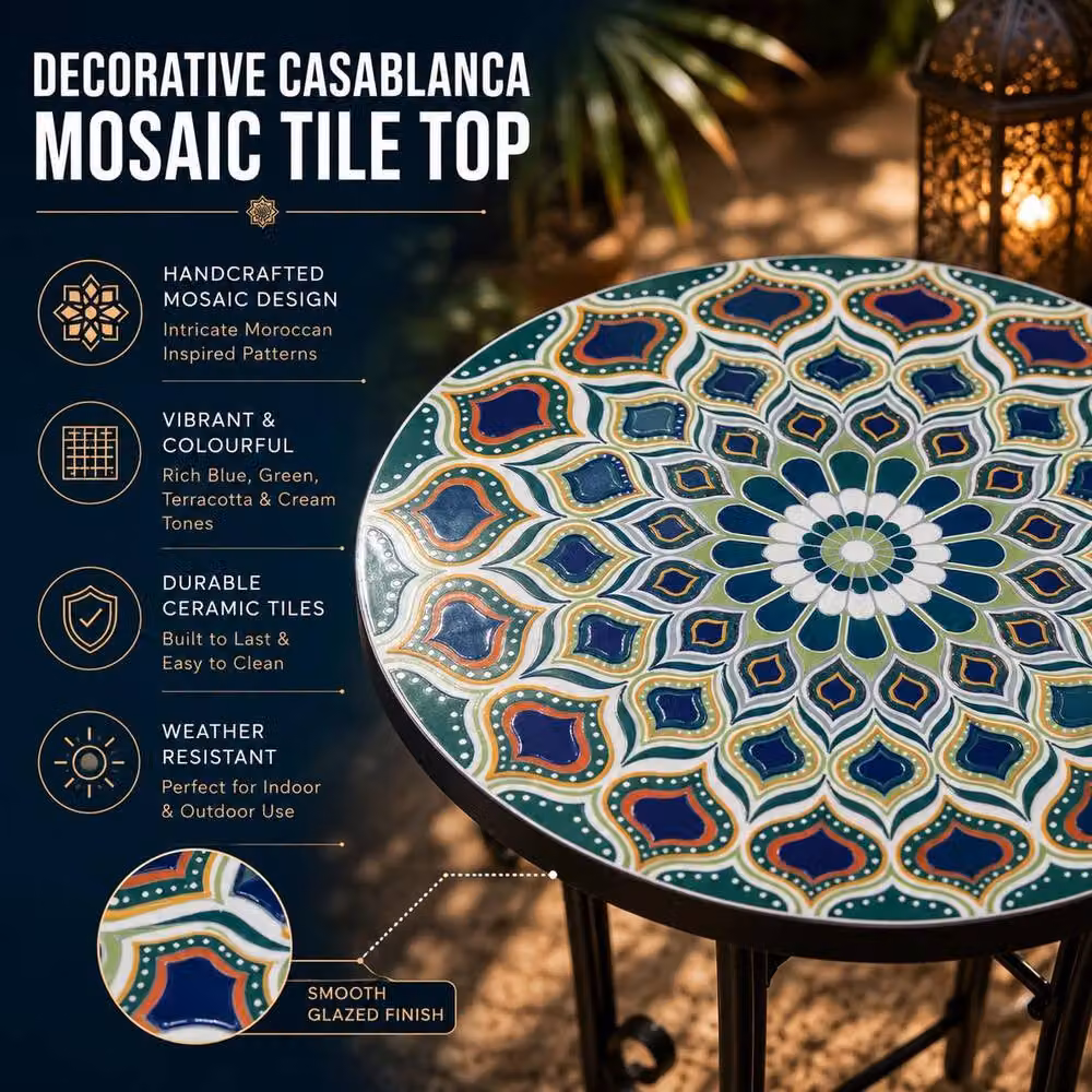 Shatchi Casablanca Mosaic Plant Stand Side Table with Multicolour Ceramic Tile Top and Powder Coated Steel Frame, Diameter: 35 cm – 3