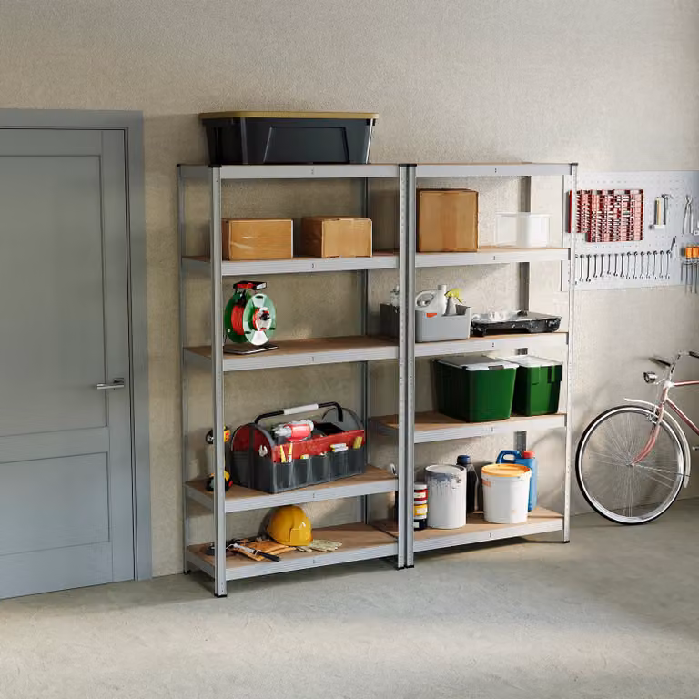 Home Discount Home Vida Set of 2 Heavy Duty 5 Tier Garage Shelves and Work Benches in Metallic Silver