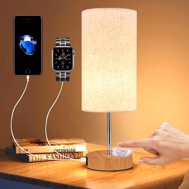 Kelvenix Touch Control Dimmable LED Bedside Table Lamp in Beige with Wood and Fabric Finish – 1