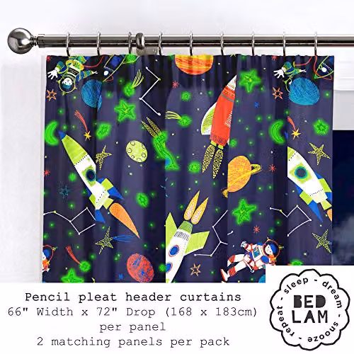 Bedlam Supersonic Glow In The Dark Star Pattern Pencil Pleat Curtains, Blue, W: 168 cm, D: 183 cm – 4
