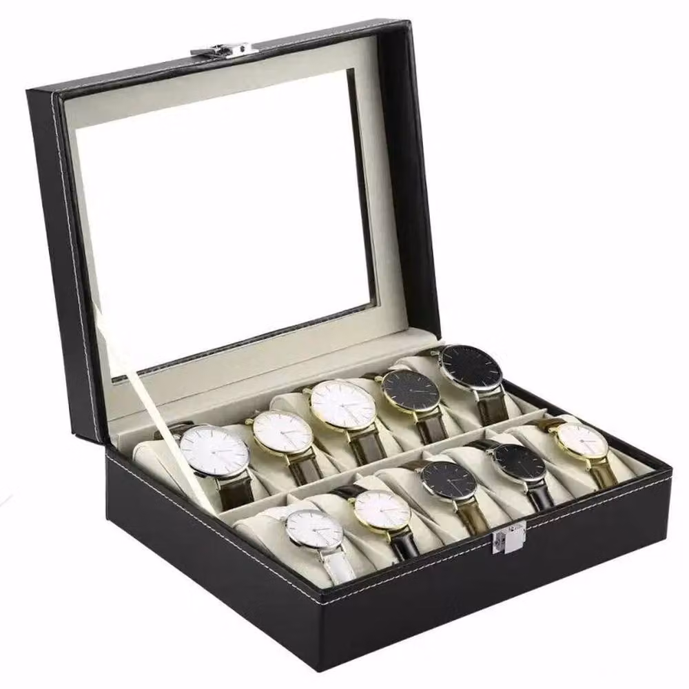 KORVIXA 10 Grid Jewelry Box Organizer with Clear Window and Lid, Black, Width: 50 cm – 4