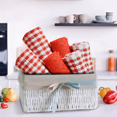 Casabella Pack of 6 Red and Blue Checked Cotton Terry Towelling Kitchen Tea Towels – 9
