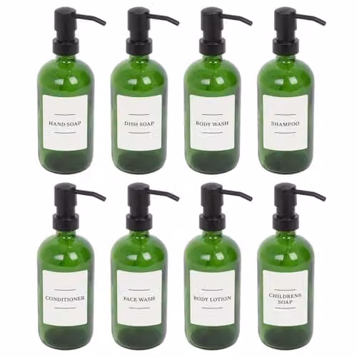 Harbour Housewares Pack of 8 Green Glass Refillable Soap Dispensers with Black Pumps and White Labels, 500ml – 1