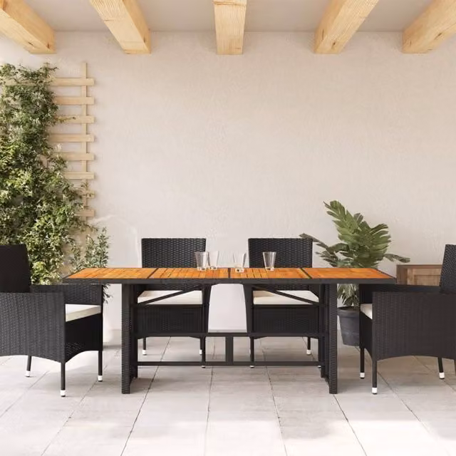 Berkfield Home Extendable Garden Table with Black Poly Rattan and Acacia Wood Top, W: 190 cm, D: 80 cm, H: 75 cm