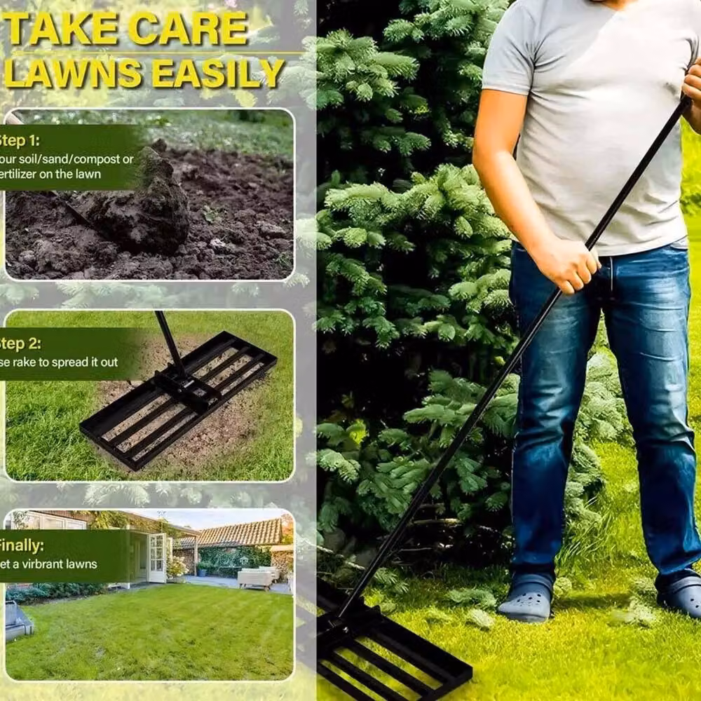 FLAVORA Lawn Leveling Rake with 75 Inch Telescopic Steel Handle in Black – 2
