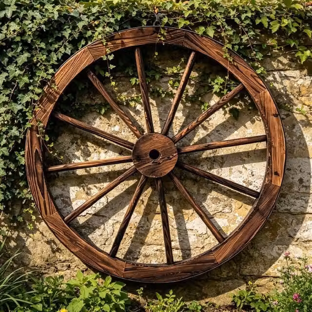 Gr8 Garden Rustic Wooden Wagon Wheel Wall Decor, Brown, Diameter: 90 cm