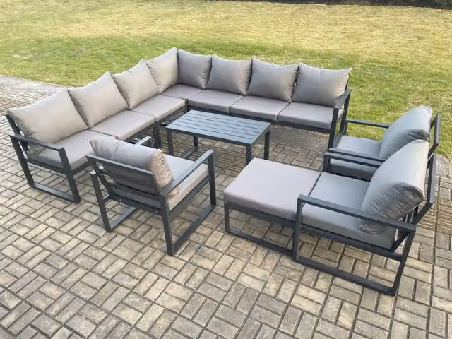 Fimous Powder Coated Aluminium L-Shape Garden Lounge Corner Sofa Set with Coffee Table and Ottoman in Dark Grey