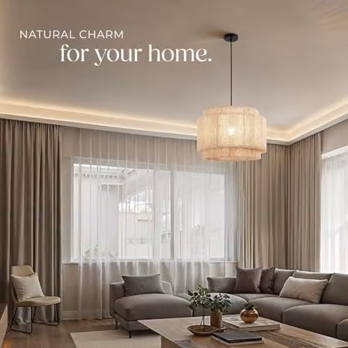 tectake Boho Style Jute Pendant Light in Beige and Brown with Metal Frame, Height Adjustable Suspended Ceiling Lamp for Living Room and Bedroom, Ø 46 x 32 cm – 5