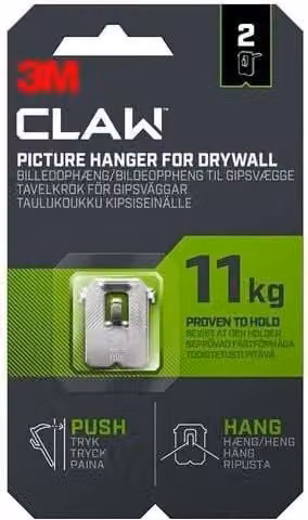 3M Command CLAW Drywall Picture Hangers, White, 2 Pack, 11kg Capacity