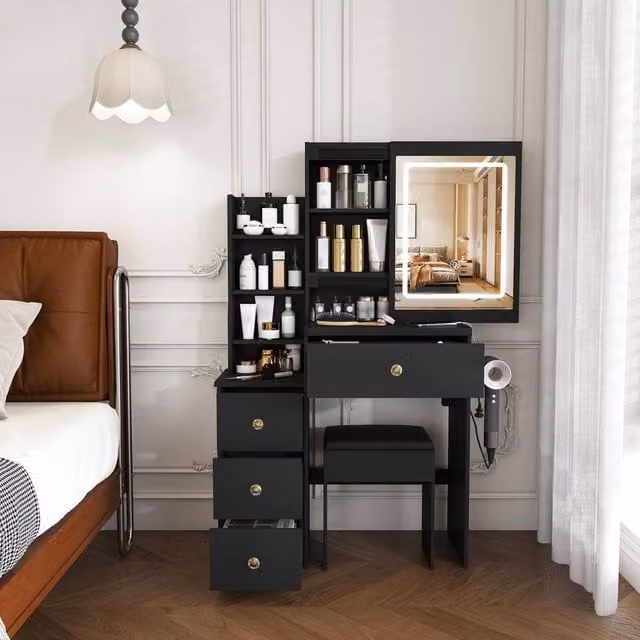 Rolipo Modern Black Makeup Vanity Desk with Hollywood LED Mirror and 4 Drawers – 1