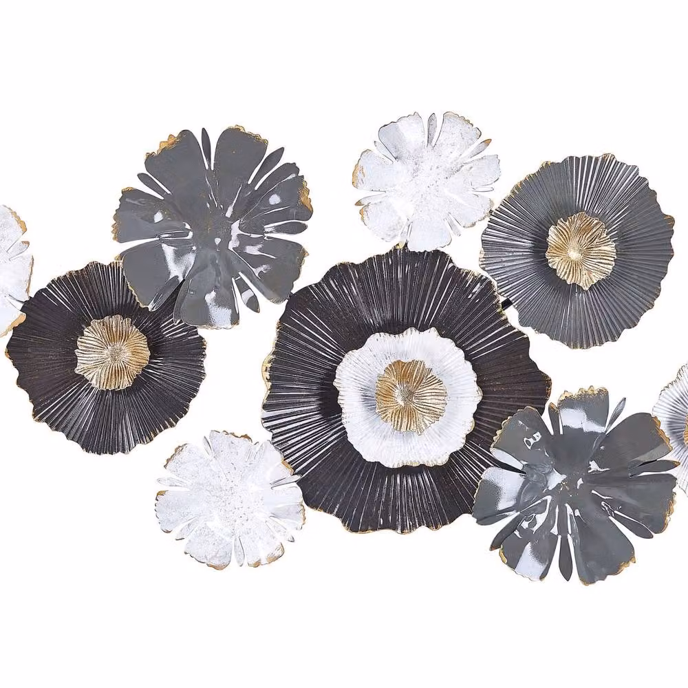 Wyld and Coco Modern Organic Floral Metal Wall Sculpture in Grey, White and Gold, W: 90 cm, H: 49 cm – 2