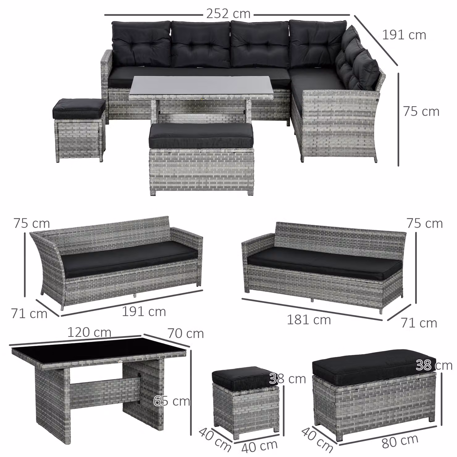 Outsunny 5-Piece L-Shape Rattan Patio Furniture Set in Grey with 3-Seater Sofa, Ottoman, Coffee Table and Cushions – 3