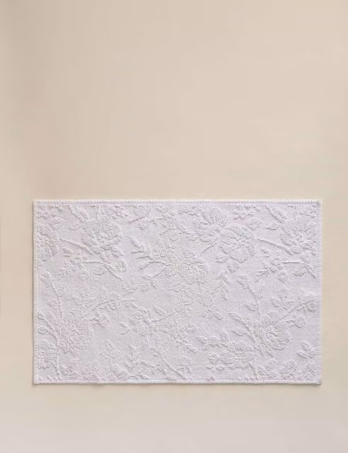 M&S Pure Cotton Floral Rectangular Bath Mat in White