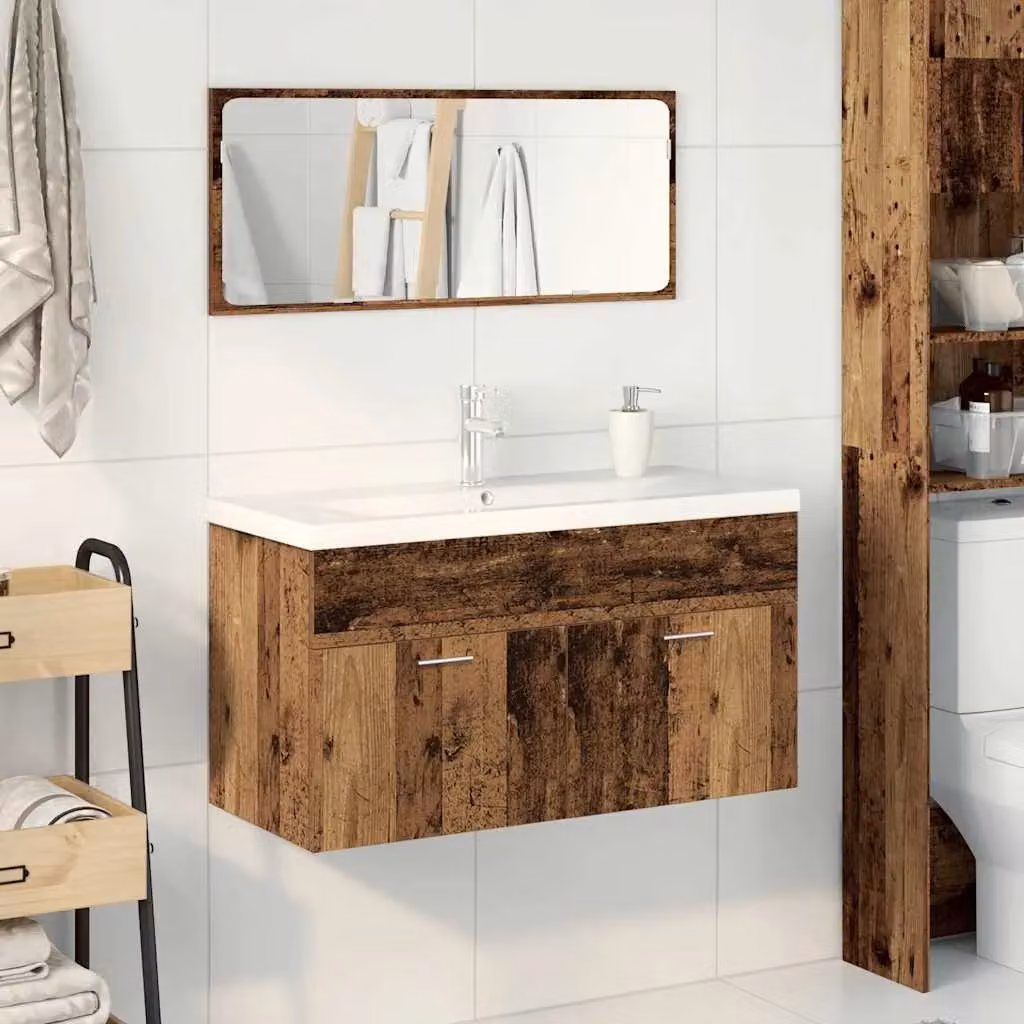 Berkfield Home 3 Piece Rustic Brown Bathroom Furniture Set with Vanity Unit and Wall Cabinet – 2