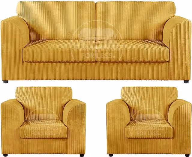 Furnishings For Less UK Luxor 3 Piece Sofa Suite in Mustard Yellow Jumbo Cord Fabric