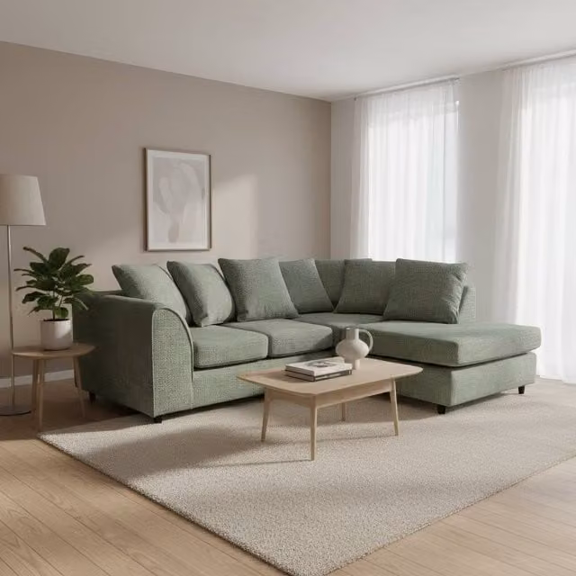 Abakus Direct Jumbo Chenille L-Shaped Corner Sofa with Chaise Extension in Green, Right Hand Facing
