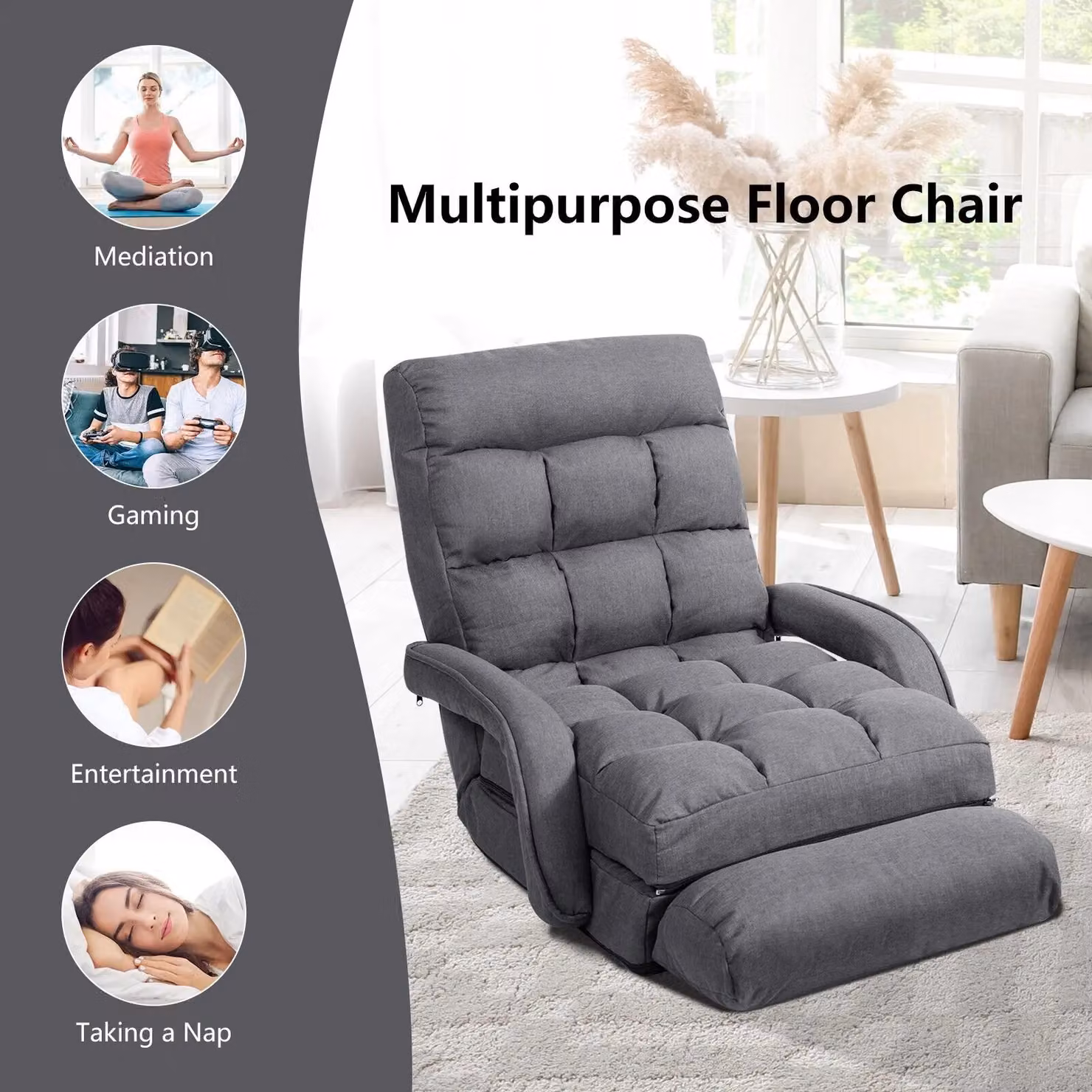 Gymax Grey Folding Lazy Sofa Floor Padded Gaming Chair with Armrests and Headrest – 5