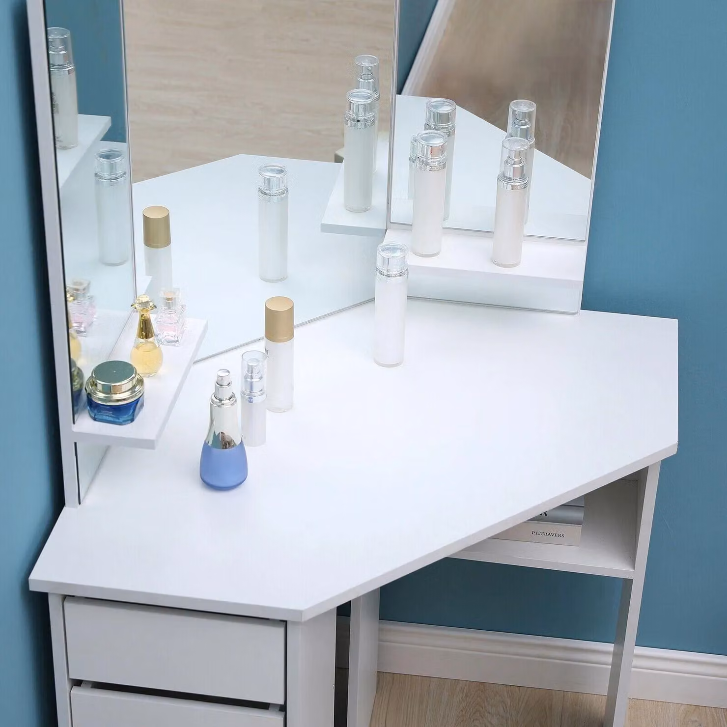 Kosy Koala Corner Dressing Table Makeup Vanity Set with 3 Mirrors and 5 Drawers in White – 2