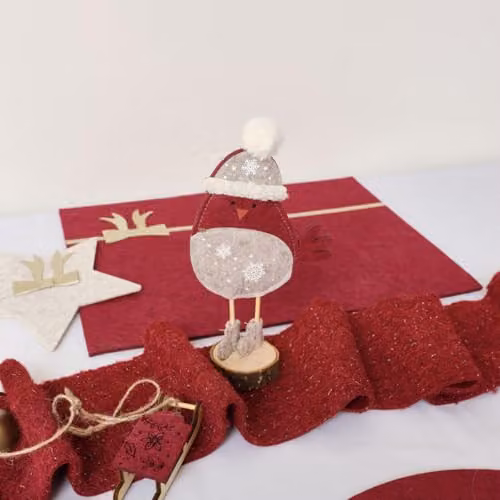 Melody Maison Red, White and Brown Felt Robin Standing Decoration with Wooden Base, Height: 22 cm – 2