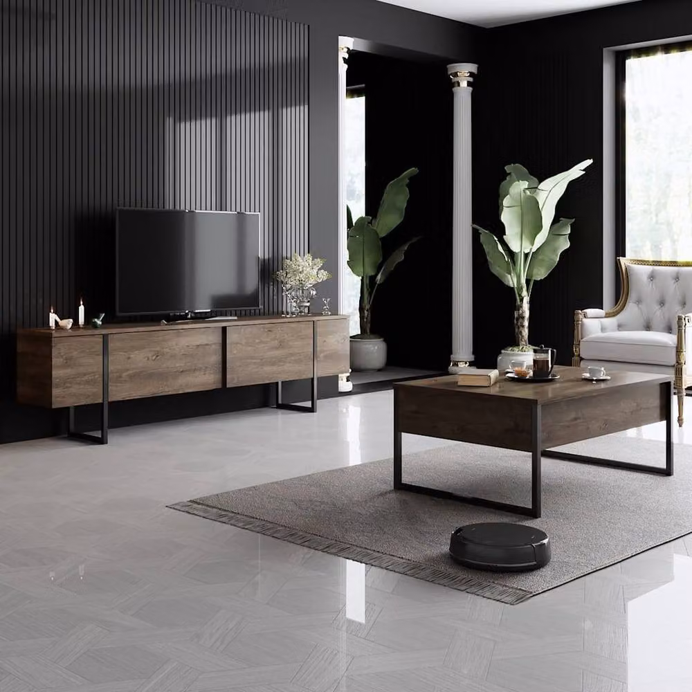 Calicosy Luxury Modern TV Stand with 2 Drop-Down Doors in Brown, W: 180 cm, D: 50 cm, H: 30 cm – 3