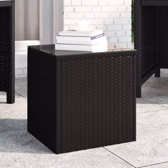 Berkfield Home Black Poly Rattan and Tempered Glass Side Table, W/D/H: 40 x 37 x 40.5 cm